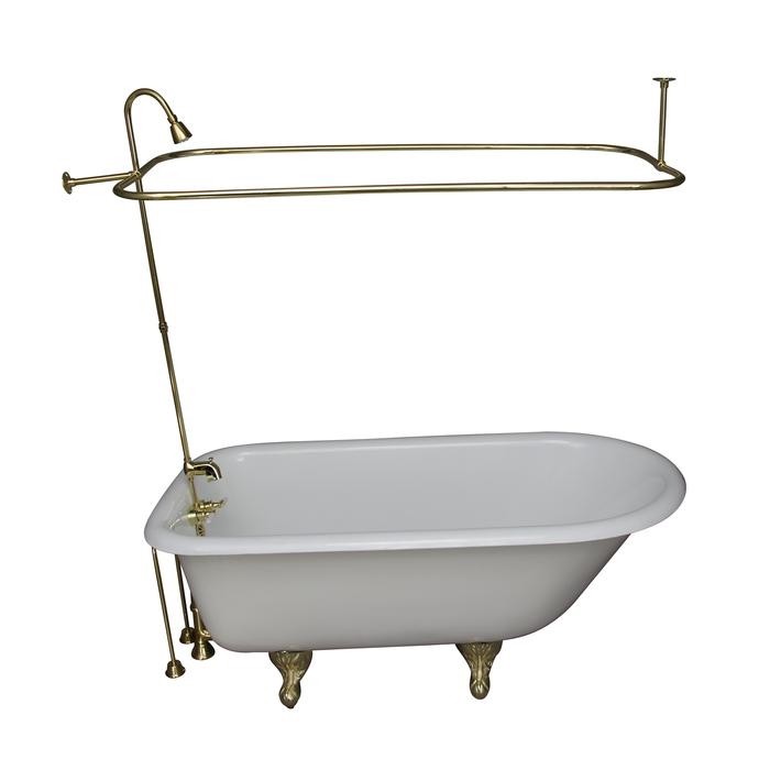BARCLAY TKCTRH54-PB4 ANTONIO 55 1/2 INCH CAST IRON FREESTANDING CLAWFOOT SOAKER BATHTUB IN WHITE WITH METAL LEVER HANDLE TUB FILLER AND 3/4 INCH RECTANGULAR SHOWER UNIT IN POLISHED BRASS