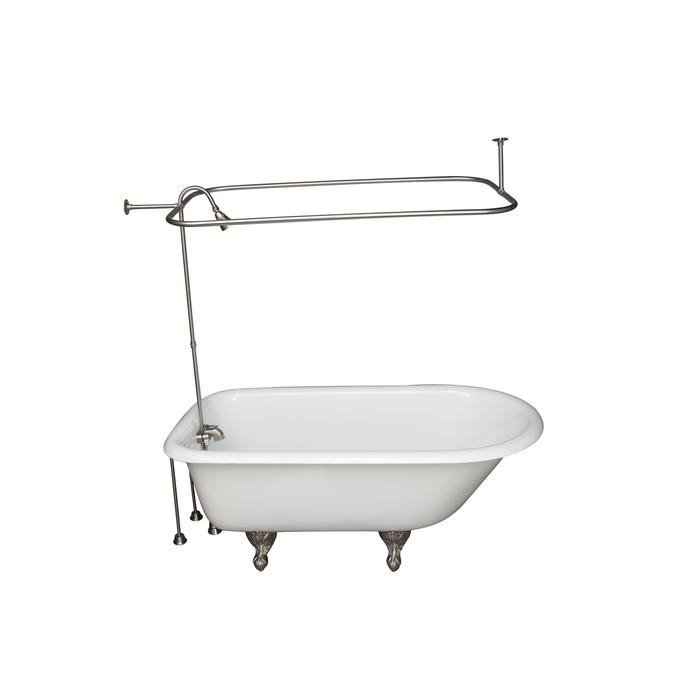 BARCLAY TKCTRH54-SN4 ANTONIO 55 1/2 INCH CAST IRON FREESTANDING CLAWFOOT SOAKER BATHTUB IN WHITE WITH METAL LEVER HANDLE TUB FILLER AND RECTANGULAR SHOWER UNIT IN BRUSHED NICKEL