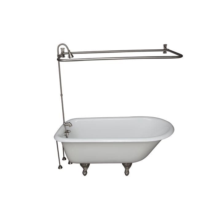 BARCLAY TKCTRH54-SN5 ANTONIO 55 1/2 INCH CAST IRON FREESTANDING CLAWFOOT SOAKER BATHTUB IN WHITE WITH METAL LEVER HANDLE TUB FILLER AND 1 INCH RECTANGULAR SHOWER UNIT IN BRUSHED NICKEL