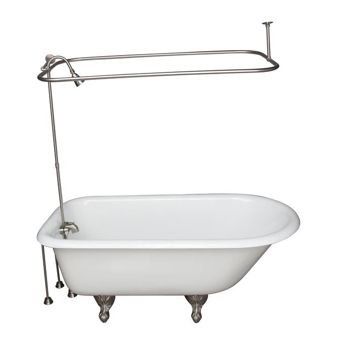 BARCLAY TKCTRH54-SN6 ANTONIO 55 1/2 INCH CAST IRON FREESTANDING CLAWFOOT SOAKER BATHTUB IN WHITE WITH METAL LEVER HANDLE TUB FILLER AND 3/4 INCH RECTANGULAR SHOWER UNIT IN BRUSHED NICKEL