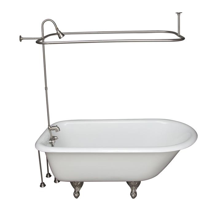 BARCLAY TKCTRH54-SN7 ANTONIO 55 1/2 INCH CAST IRON FREESTANDING CLAWFOOT SOAKER BATHTUB IN WHITE WITH METAL LEVER HANDLE TUB FILLER AND 3/4 INCH RECTANGULAR SHOWER UNIT IN BRUSHED NICKEL