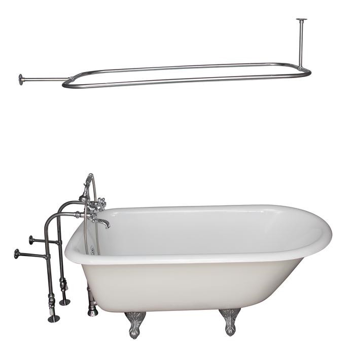 BARCLAY TKCTRN54-CP12 ANTONIO 55 1/2 INCH CAST IRON FREESTANDING CLAWFOOT SOAKER BATHTUB IN WHITE WITH METAL CROSS HANDLE TUB FILLER AND 48 INCH RECTANGULAR SHOWER ROD IN POLISHED CHROME