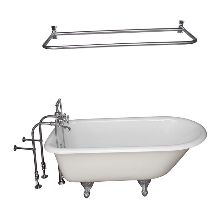 BARCLAY TKCTRN54-CP13 ANTONIO 55 1/2 INCH CAST IRON FREESTANDING CLAWFOOT SOAKER BATHTUB IN WHITE WITH FINIALS METAL LEVER HANDLE TUB FILLER AND 48 INCH D-SHAPED SHOWER ROD IN POLISHED CHROME