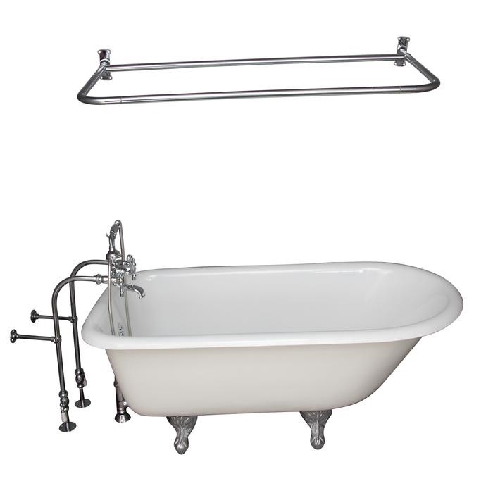 BARCLAY TKCTRN54-CP14 ANTONIO 55 1/2 INCH CAST IRON FREESTANDING CLAWFOOT SOAKER BATHTUB IN WHITE WITH METAL LEVER HANDLE TUB FILLER AND 48 INCH D-SHAPED SHOWER ROD IN POLISHED CHROME