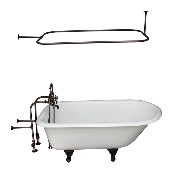 BARCLAY TKCTRN54-ORB10 ANTONIO 55 1/2 INCH CAST IRON FREESTANDING CLAWFOOT SOAKER BATHTUB IN WHITE WITH FINIALS METAL LEVER HANDLE TUB FILLER AND 48 INCH RECTANGULAR SHOWER ROD IN OIL RUBBED BRONZE
