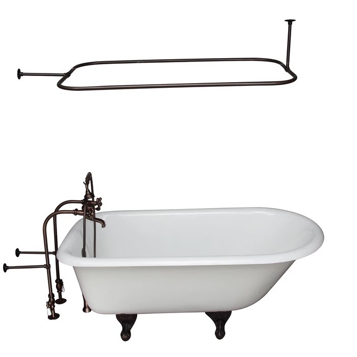 BARCLAY TKCTRN54-ORB12 ANTONIO 55 1/2 INCH CAST IRON FREESTANDING CLAWFOOT SOAKER BATHTUB IN WHITE WITH METAL CROSS HANDLE TUB FILLER AND 48 INCH RECTANGULAR SHOWER ROD IN OIL RUBBED BRONZE