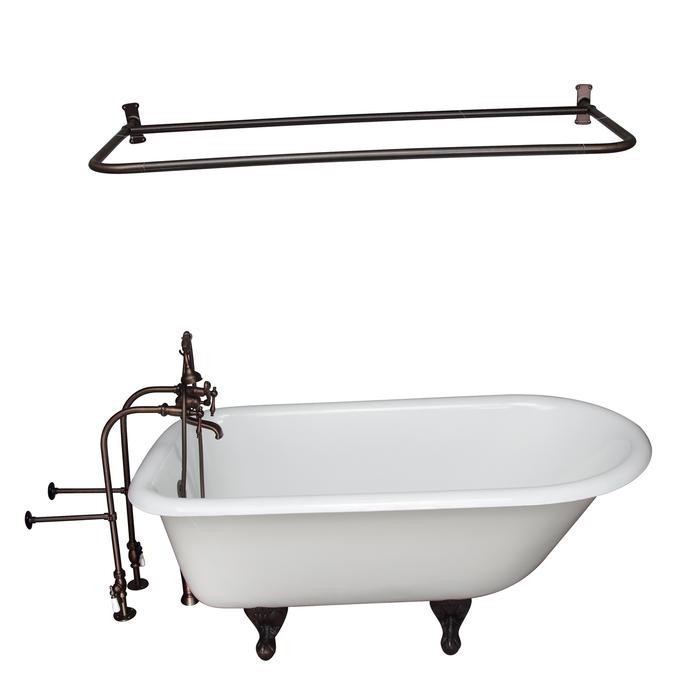 BARCLAY TKCTRN54-ORB13 ANTONIO 55 1/2 INCH CAST IRON FREESTANDING CLAWFOOT SOAKER BATHTUB IN WHITE WITH FINIALS METAL LEVER HANDLE TUB FILLER AND 54 INCH D-SHAPED SHOWER ROD IN OIL RUBBED BRONZE