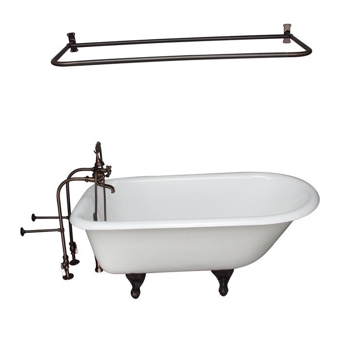 BARCLAY TKCTRN54-ORB15 ANTONIO 55 1/2 INCH CAST IRON FREESTANDING CLAWFOOT SOAKER BATHTUB IN WHITE WITH METAL CROSS HANDLE TUB FILLER AND 54 INCH D-SHAPED SHOWER ROD IN OIL RUBBED BRONZE