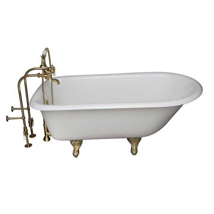 BARCLAY TKCTRN54-PB1 ANTONIO 55 1/2 INCH CAST IRON FREESTANDING CLAWFOOT SOAKER BATHTUB IN WHITE WITH PORCELAIN LEVER HANDLE TUB FILLER AND HAND SHOWER IN POLISHED BRASS