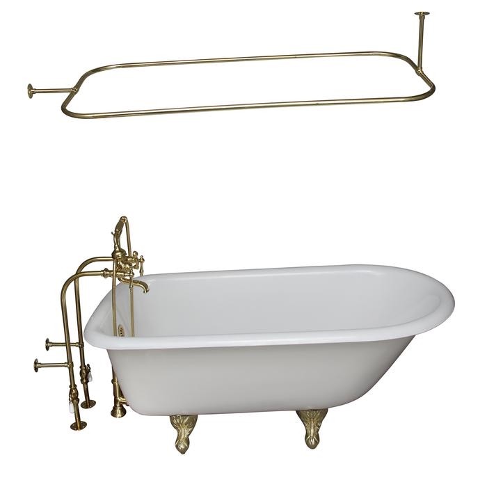 BARCLAY TKCTRN54-PB10 ANTONIO 55 1/2 INCH CAST IRON FREESTANDING CLAWFOOT SOAKER BATHTUB IN WHITE WITH FINIALS METAL LEVER HANDLE TUB FILLER AND 48 INCH RECTANGULAR SHOWER ROD IN POLISHED BRASS