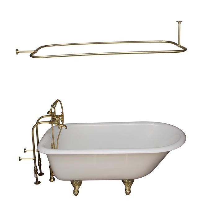 BARCLAY TKCTRN54-PB11 ANTONIO 55 1/2 INCH CAST IRON FREESTANDING CLAWFOOT SOAKER BATHTUB IN WHITE WITH METAL LEVER HANDLE TUB FILLER AND 48 INCH RECTANGULAR SHOWER ROD IN POLISHED BRASS