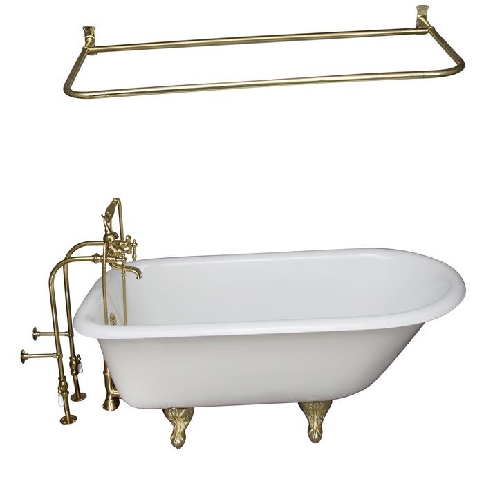 BARCLAY TKCTRN54-PB13 ANTONIO 55 1/2 INCH CAST IRON FREESTANDING CLAWFOOT SOAKER BATHTUB IN WHITE WITH FINIALS METAL LEVER HANDLE TUB FILLER AND 48 INCH D-SHAPED SHOWER ROD IN POLISHED BRASS