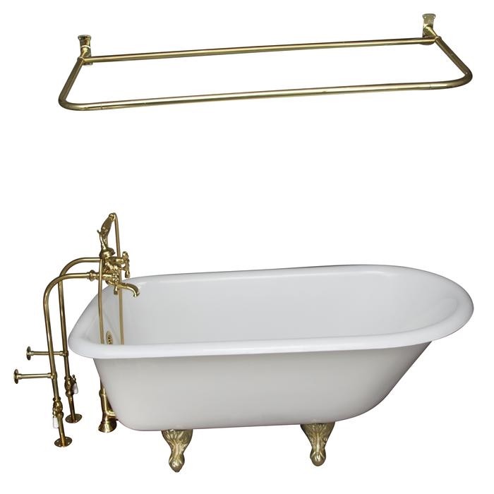 BARCLAY TKCTRN54-PB14 ANTONIO 55 1/2 INCH CAST IRON FREESTANDING CLAWFOOT SOAKER BATHTUB IN WHITE WITH METAL LEVER HANDLE TUB FILLER AND 48 INCH D--SHAPED SHOWER ROD IN POLISHED BRASS