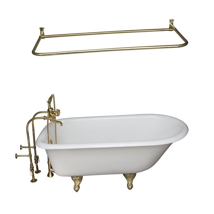BARCLAY TKCTRN54-PB15 ANTONIO 55 1/2 INCH CAST IRON FREESTANDING CLAWFOOT SOAKER BATHTUB IN WHITE WITH METAL CROSS HANDLE TUB FILLER AND 48 INCH D-SHAPED SHOWER ROD IN POLISHED BRASS