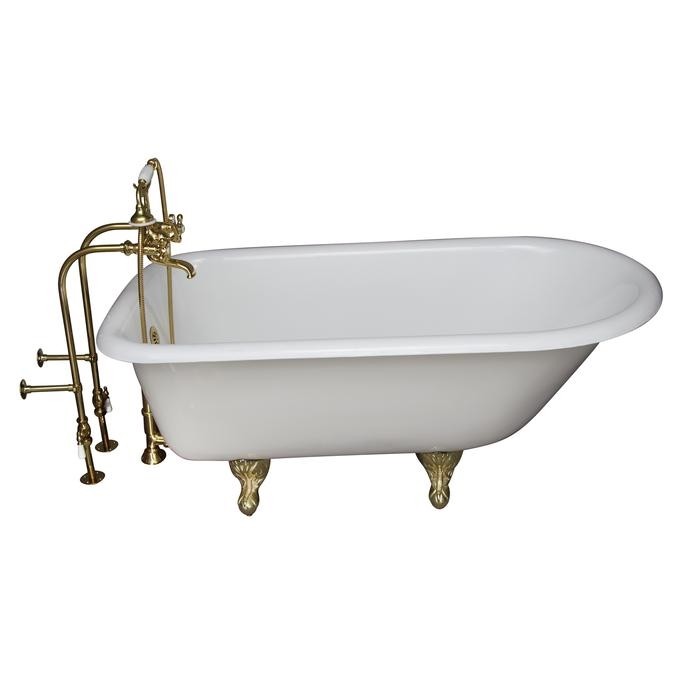 BARCLAY TKCTRN54-PB2 ANTONIO 55 1/2 INCH CAST IRON FREESTANDING CLAWFOOT SOAKER BATHTUB IN WHITE WITH METAL CROSS HANDLE TUB FILLER AND HAND SHOWER IN POLISHED BRASS