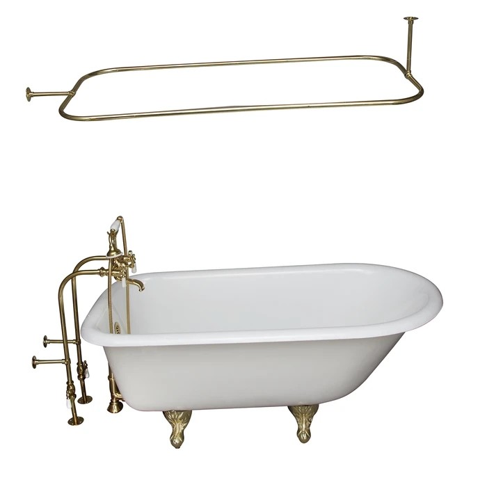 BARCLAY TKCTRN54-PB3 ANTONIO 55 1/2 INCH CAST IRON FREESTANDING CLAWFOOT SOAKER BATHTUB IN WHITE WITH PORCELAIN LEVER HANDLE TUB FILLER AND 48 INCH RECTANGULAR SHOWER ROD IN POLISHED BRASS