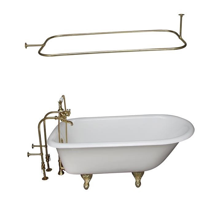 BARCLAY TKCTRN54-PB4 ANTONIO 55 1/2 INCH CAST IRON FREESTANDING CLAWFOOT SOAKER BATHTUB IN WHITE WITH METAL CROSS HANDLE TUB FILLER AND 48 INCH RECTANGULAR SHOWER ROD IN POLISHED BRASS