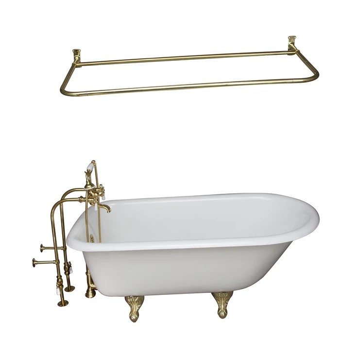 BARCLAY TKCTRN54-PB5 ANTONIO 55 1/2 INCH CAST IRON FREESTANDING CLAWFOOT SOAKER BATHTUB IN WHITE WITH PORCELAIN LEVER HANDLE TUB FILLER AND 48 INCH D SHAPED SHOWER ROD IN POLISHED BRASS