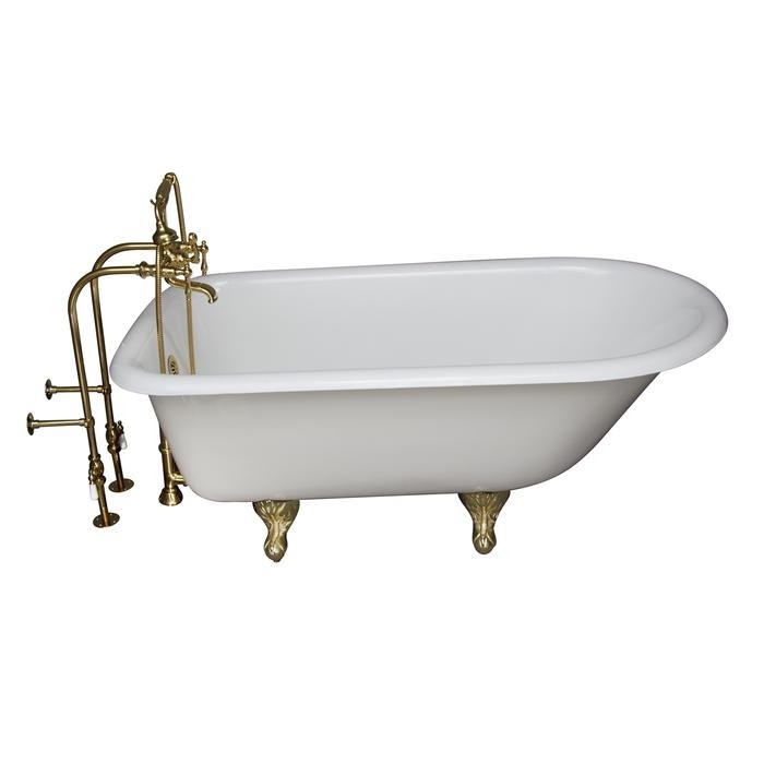 BARCLAY TKCTRN54-PB7 ANTONIO 55 1/2 INCH CAST IRON FREESTANDING CLAWFOOT SOAKER BATHTUB IN WHITE WITH FINIALS METAL LEVER HANDLE TUB FILLER AND HAND SHOWER IN POLISHED BRASS