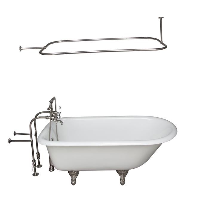 BARCLAY TKCTRN54-PN10 ANTONIO 55 1/2 INCH CAST IRON FREESTANDING CLAWFOOT SOAKER BATHTUB IN WHITE WITH FINIALS METAL LEVER HANDLE TUB FILLER AND 48 INCH RECTANGULAR SHOWER ROD IN POLISHED NICKEL