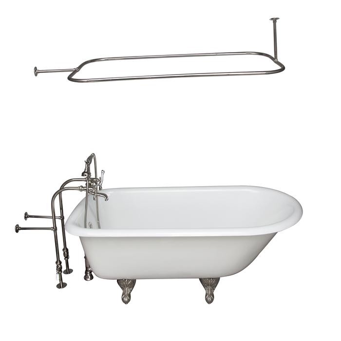 BARCLAY TKCTRN54-PN11 ANTONIO 55 1/2 INCH CAST IRON FREESTANDING CLAWFOOT SOAKER BATHTUB IN WHITE WITH METAL LEVER HANDLE TUB FILLER AND 48 INCH RECTANGULAR SHOWER ROD IN POLISHED NICKEL