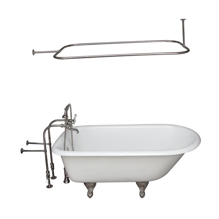 BARCLAY TKCTRN54-PN12 ANTONIO 55 1/2 INCH CAST IRON FREESTANDING CLAWFOOT SOAKER BATHTUB IN WHITE WITH METAL CROSS HANDLE TUB FILLER AND 48 INCH RECTANGULAR SHOWER ROD IN POLISHED NICKEL