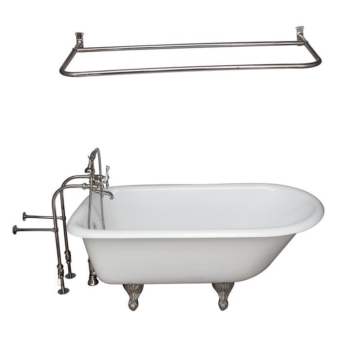 BARCLAY TKCTRN54-PN13 ANTONIO 55 1/2 INCH CAST IRON FREESTANDING CLAWFOOT SOAKER BATHTUB IN WHITE WITH FINIALS METAL LEVER HANDLE TUB FILLER AND 54 INCH D-SHAPED SHOWER ROD IN POLISHED NICKEL