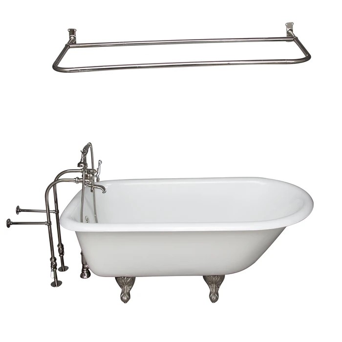 BARCLAY TKCTRN54-PN14 ANTONIO 55 1/2 INCH CAST IRON FREESTANDING CLAWFOOT SOAKER BATHTUB IN WHITE WITH METAL LEVER HANDLE TUB FILLER AND 54 INCH D-SHAPED SHOWER ROD IN POLISHED NICKEL