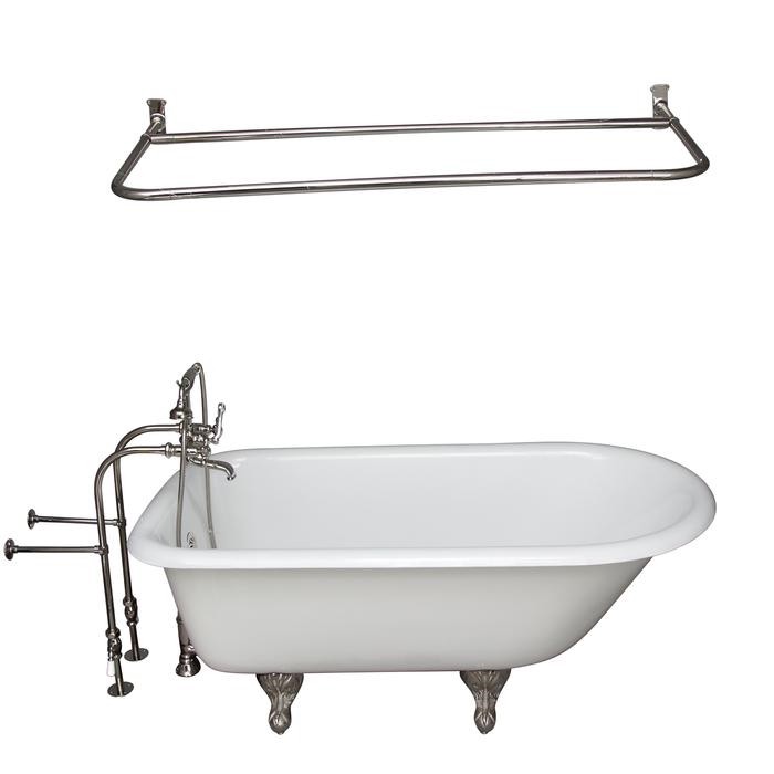 BARCLAY TKCTRN54-PN15 ANTONIO 55 1/2 INCH CAST IRON FREESTANDING CLAWFOOT SOAKER BATHTUB IN WHITE WITH METAL CROSS HANDLE TUB FILLER AND 54 INCH D-SHAPED SHOWER ROD IN POLISHED NICKEL