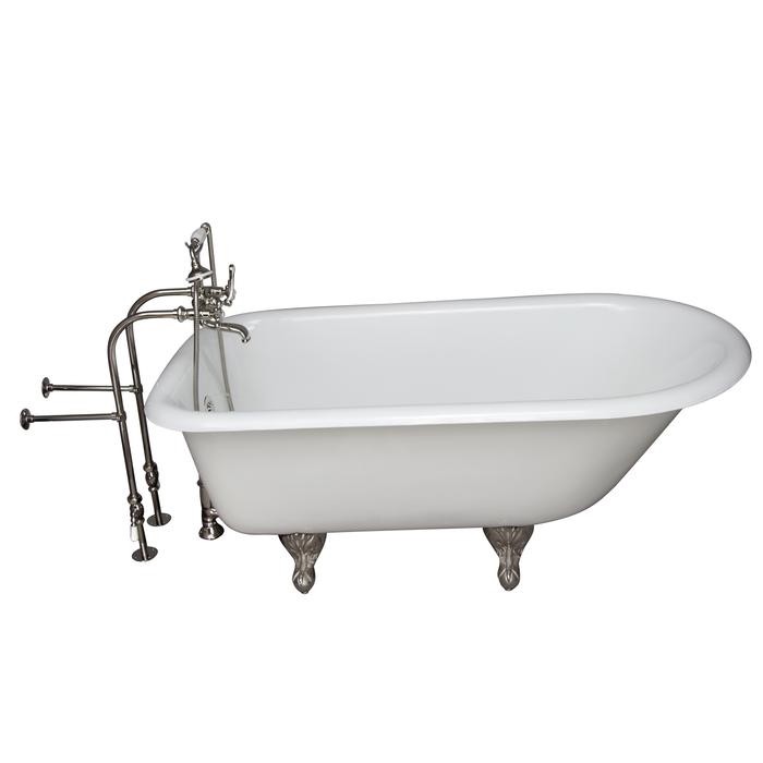 BARCLAY TKCTRN54-PN2 ANTONIO 55 1/2 INCH CAST IRON FREESTANDING CLAWFOOT SOAKER BATHTUB IN WHITE WITH METAL CROSS HANDLE TUB FILLER AND HAND SHOWER IN POLISHED NICKEL