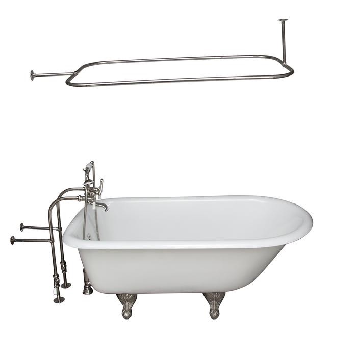 BARCLAY TKCTRN54-PN3 ANTONIO 55 1/2 INCH CAST IRON FREESTANDING CLAWFOOT SOAKER BATHTUB IN WHITE WITH PORCELAIN LEVER HANDLE TUB FILLER AND 48 INCH RECTANGULAR SHOWER ROD IN POLISHED NICKEL