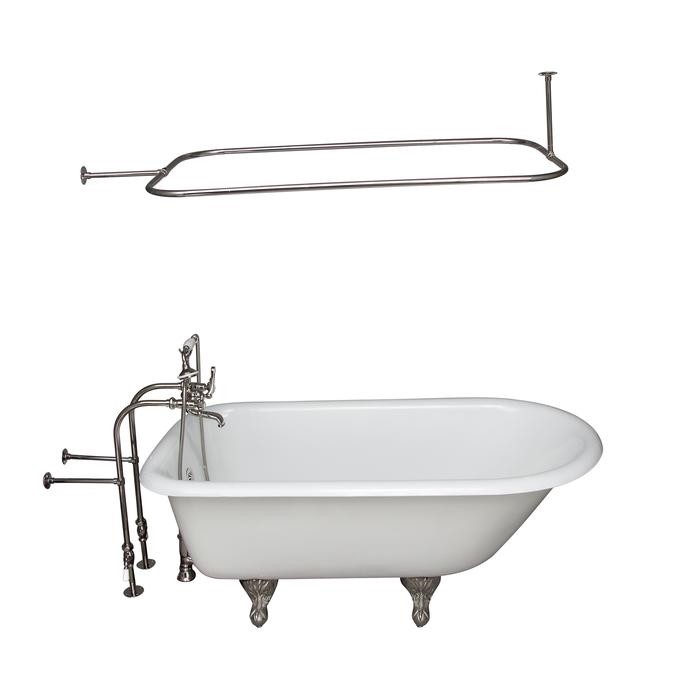 BARCLAY TKCTRN54-PN4 ANTONIO 55 1/2 INCH CAST IRON FREESTANDING CLAWFOOT SOAKER BATHTUB IN WHITE WITH METAL CROSS HANDLE TUB FILLER AND 48 INCH RECTANGULAR SHOWER ROD IN POLISHED NICKEL