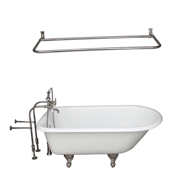 BARCLAY TKCTRN54-PN5 ANTONIO 55 1/2 INCH CAST IRON FREESTANDING CLAWFOOT SOAKER BATHTUB IN WHITE WITH PORCELAIN LEVER HANDLE TUB FILLER AND 48 INCH D SHAPED SHOWER ROD IN POLISHED NICKEL