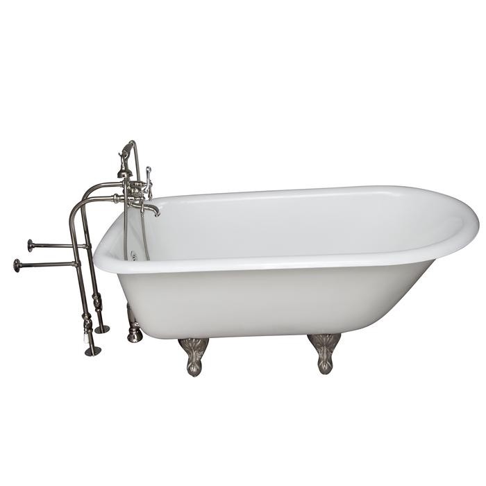 BARCLAY TKCTRN54-PN7 ANTONIO 55 1/2 INCH CAST IRON FREESTANDING CLAWFOOT SOAKER BATHTUB IN WHITE WITH FINIALS METAL LEVER HANDLE TUB FILLER AND HAND SHOWER IN POLISHED NICKEL