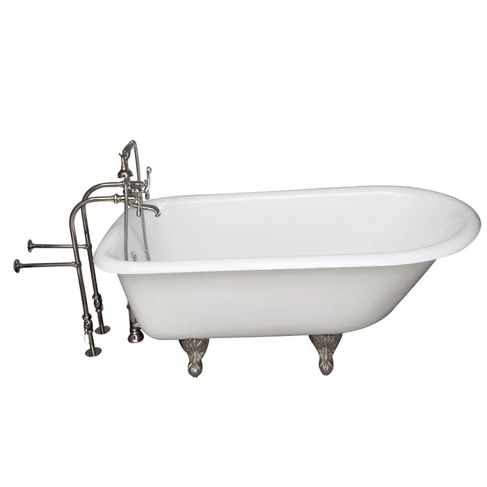 BARCLAY TKCTRN54-PN8 ANTONIO 55 1/2 INCH CAST IRON FREESTANDING CLAWFOOT SOAKER BATHTUB IN WHITE WITH METAL LEVER HANDLE TUB FILLER AND HAND SHOWER IN POLISHED NICKEL