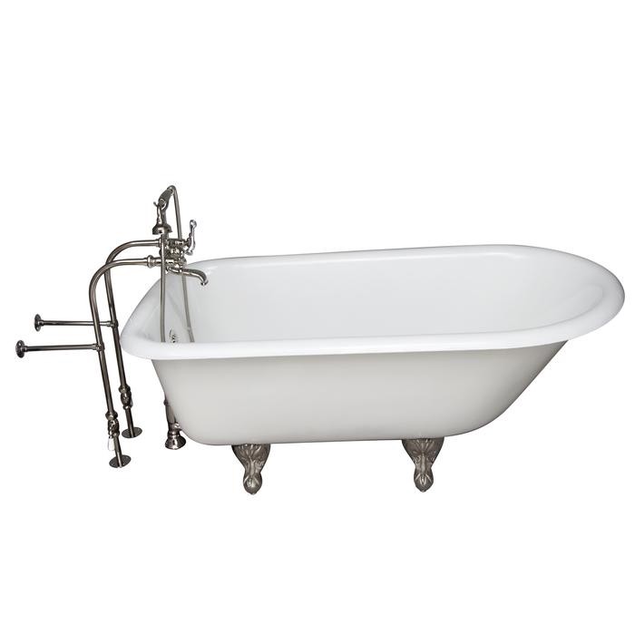 BARCLAY TKCTRN54-PN9 ANTONIO 55 1/2 INCH CAST IRON FREESTANDING CLAWFOOT SOAKER BATHTUB IN WHITE WITH METAL CROSS HANDLE TUB FILLER AND HAND SHOWER IN POLISHED NICKEL