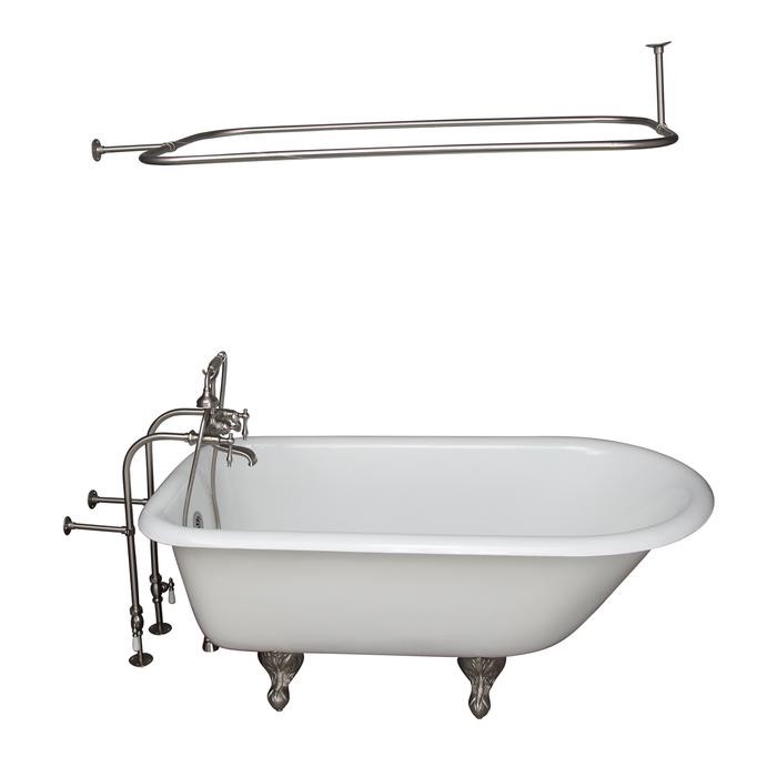 BARCLAY TKCTRN54-SN10 ANTONIO 55 1/2 INCH CAST IRON FREESTANDING CLAWFOOT SOAKER BATHTUB IN WHITE WITH FINIALS METAL LEVER HANDLE TUB FILLER AND 48 INCH RECTANGULAR SHOWER ROD IN BRUSHED NICKEL