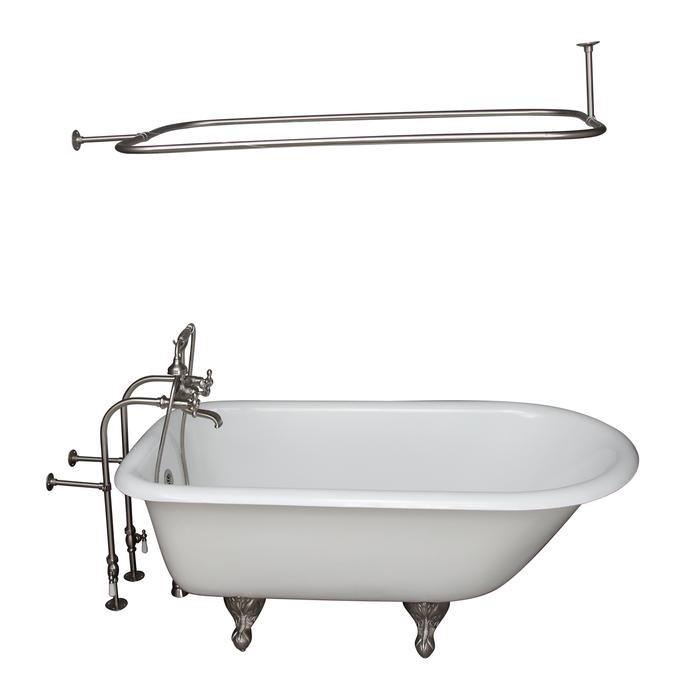 BARCLAY TKCTRN54-SN12 ANTONIO 55 1/2 INCH CAST IRON FREESTANDING CLAWFOOT SOAKER BATHTUB IN WHITE WITH METAL CROSS HANDLE TUB FILLER AND 48 INCH RECTANGULAR SHOWER ROD IN BRUSHED NICKEL