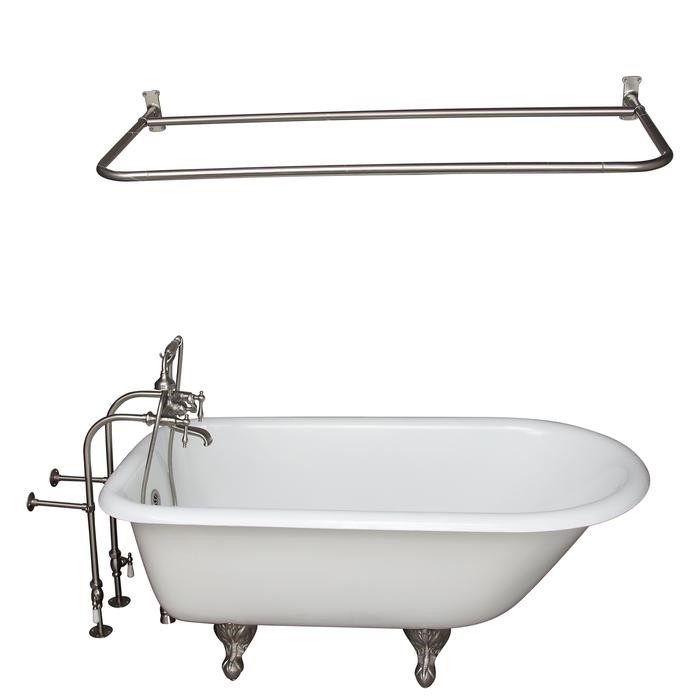 BARCLAY TKCTRN54-SN13 ANTONIO 55 1/2 INCH CAST IRON FREESTANDING CLAWFOOT SOAKER BATHTUB IN WHITE WITH FINIALS METAL LEVER HANDLE TUB FILLER AND 54 INCH D-SHAPED SHOWER ROD IN BRUSHED NICKEL