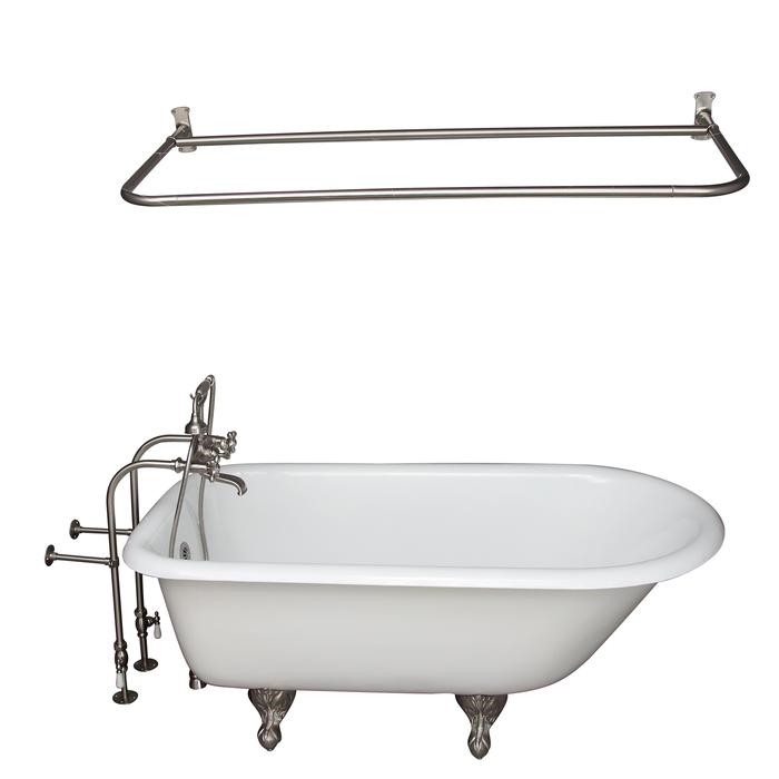 BARCLAY TKCTRN54-SN15 ANTONIO 55 1/2 INCH CAST IRON FREESTANDING CLAWFOOT SOAKER BATHTUB IN WHITE WITH METAL CROSS HANDLE TUB FILLER AND 54 INCH D-SHAPED SHOWER ROD IN BRUSHED NICKEL