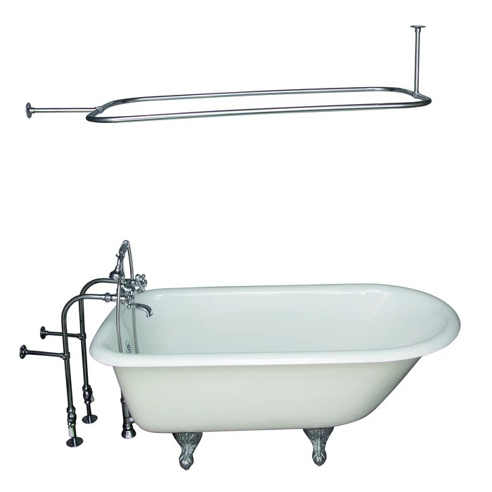 BARCLAY TKCTRN60-CP12 BARTLETT 60 3/4 INCH CAST IRON FREESTANDING CLAWFOOT SOAKER BATHTUB IN WHITE WITH METAL CROSS HANDLE TUB FILLER AND 54 INCH RECTANGULAR SHOWER ROD IN POLISHED CHROME