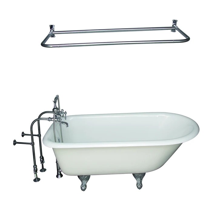 BARCLAY TKCTRN60-CP13 BARTLETT 60 3/4 INCH CAST IRON FREESTANDING CLAWFOOT SOAKER BATHTUB IN WHITE WITH FINIAL METAL LEVER HANDLE TUB FILLER AND 54 INCH D-SHAPED SHOWER ROD IN POLISHED CHROME