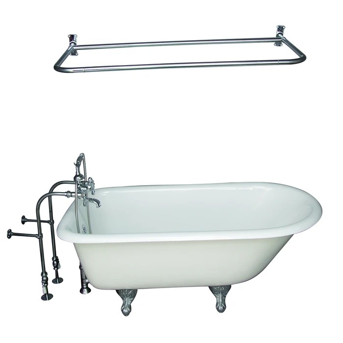BARCLAY TKCTRN60-CP14 BARTLETT 60 3/4 INCH CAST IRON FREESTANDING CLAWFOOT SOAKER BATHTUB IN WHITE WITH METAL LEVER HANDLE TUB FILLER AND 54 INCH D-SHAPED SHOWER ROD IN POLISHED CHROME