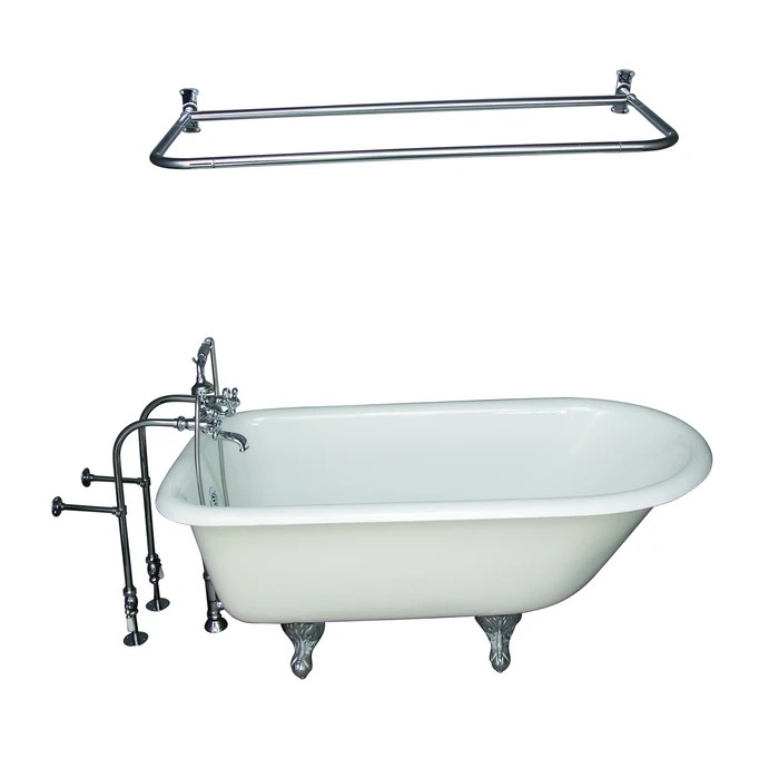 BARCLAY TKCTRN60-CP15 BARTLETT 60 3/4 INCH CAST IRON FREESTANDING CLAWFOOT SOAKER BATHTUB IN WHITE WITH METAL CROSS HANDLE TUB FILLER AND 54 INCH D-SHAPED SHOWER ROD IN POLISHED CHROME