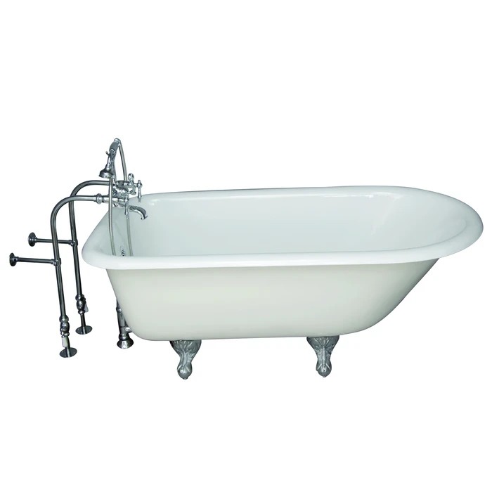 BARCLAY TKCTRN60-CP7 BARTLETT 60 3/4 INCH CAST IRON FREESTANDING CLAWFOOT SOAKER BATHTUB IN WHITE WITH FINIAL METAL LEVER HANDLE TUB FILLER AND HAND SHOWER IN POLISHED CHROME