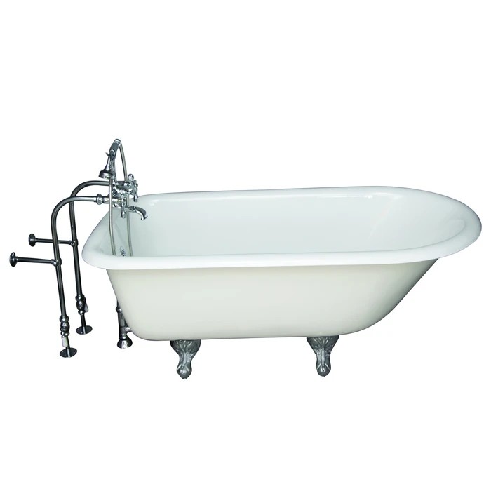 BARCLAY TKCTRN60-CP8 BARTLETT 60 3/4 INCH CAST IRON FREESTANDING CLAWFOOT SOAKER BATHTUB IN WHITE WITH METAL LEVER HANDLE TUB FILLER AND HAND SHOWER IN POLISHED CHROME