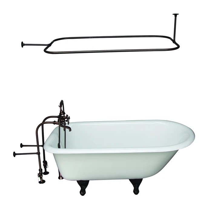 BARCLAY TKCTRN60-ORB10 BARTLETT 60 3/4 INCH CAST IRON FREESTANDING CLAWFOOT SOAKER BATHTUB IN WHITE WITH FINIAL METAL LEVER HANDLE TUB FILLER AND 48 INCH RECTANGULAR SHOWER ROD IN OIL RUBBED BRONZE