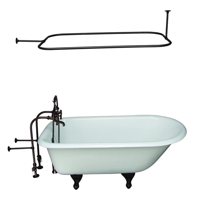 BARCLAY TKCTRN60-ORB11 BARTLETT 60 3/4 INCH CAST IRON FREESTANDING CLAWFOOT SOAKER BATHTUB IN WHITE WITH METAL LEVER HANDLE TUB FILLER AND 48 INCH RECTANGULAR SHOWER ROD IN OIL RUBBED BRONZE