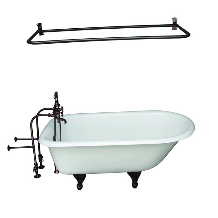 BARCLAY TKCTRN60-ORB14 BARTLETT 60 3/4 INCH CAST IRON FREESTANDING CLAWFOOT SOAKER BATHTUB IN WHITE WITH METAL LEVER HANDLE TUB FILLER AND 54 INCH D-SHAPED SHOWER ROD IN OIL RUBBED BRONZE