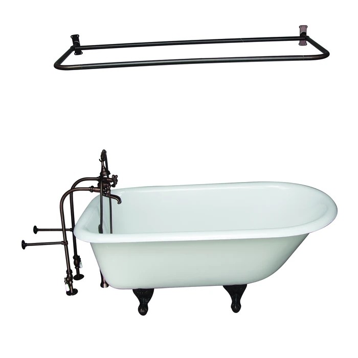 BARCLAY TKCTRN60-ORB15 BARTLETT 60 3/4 INCH CAST IRON FREESTANDING CLAWFOOT SOAKER BATHTUB IN WHITE WITH METAL CROSS HANDLE TUB FILLER AND 54 INCH D-SHAPED SHOWER ROD IN OIL RUBBED BRONZE
